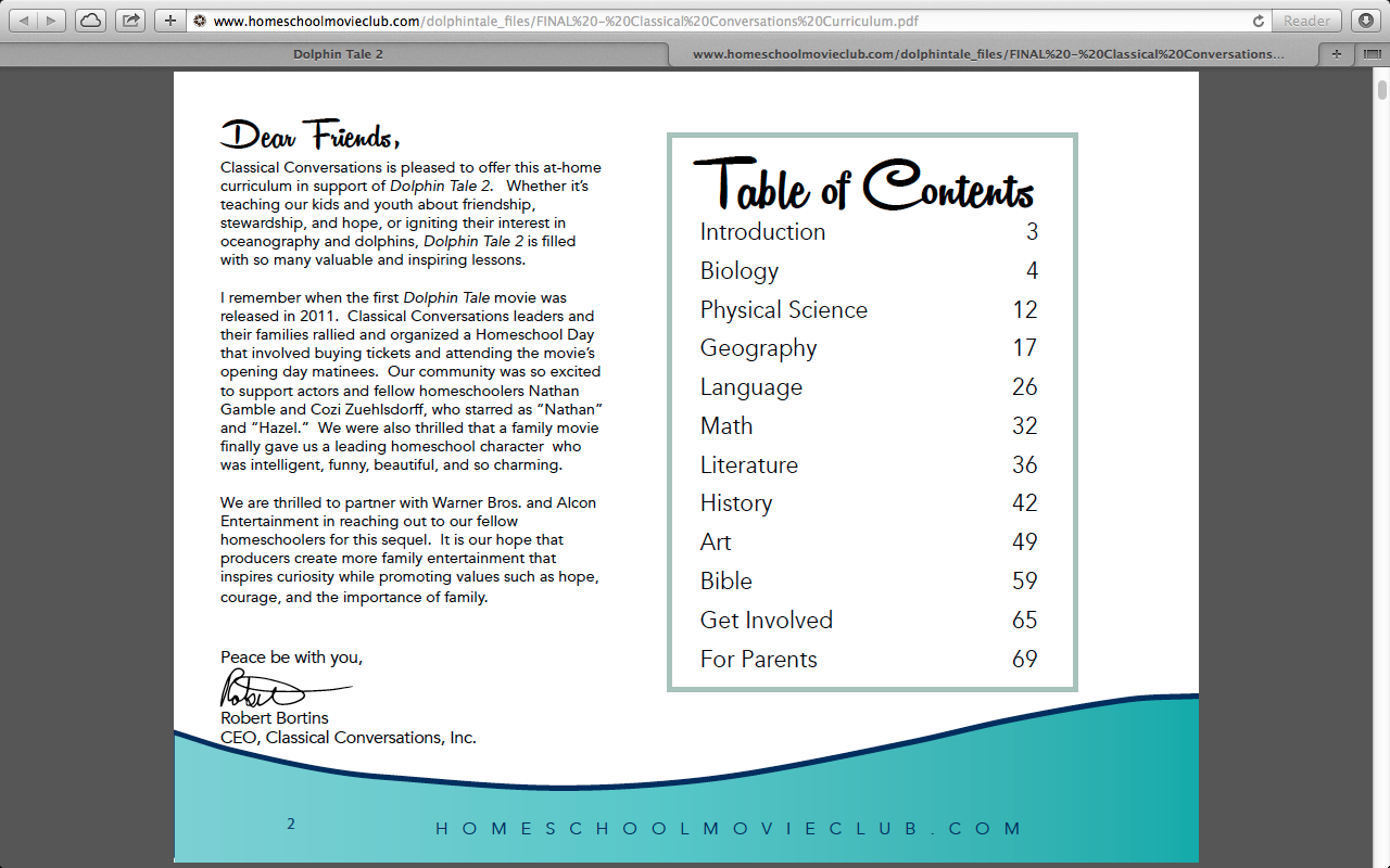 CC Table of Contents for Free Dolphin Tale 2 Curriculum